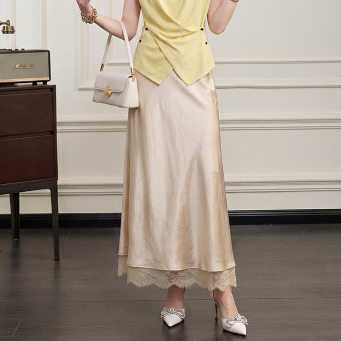 Damen nan ausgestellter Satin-Midirock mit feiner Spitzenunterlage und nahtlosem Taillenbund Drune