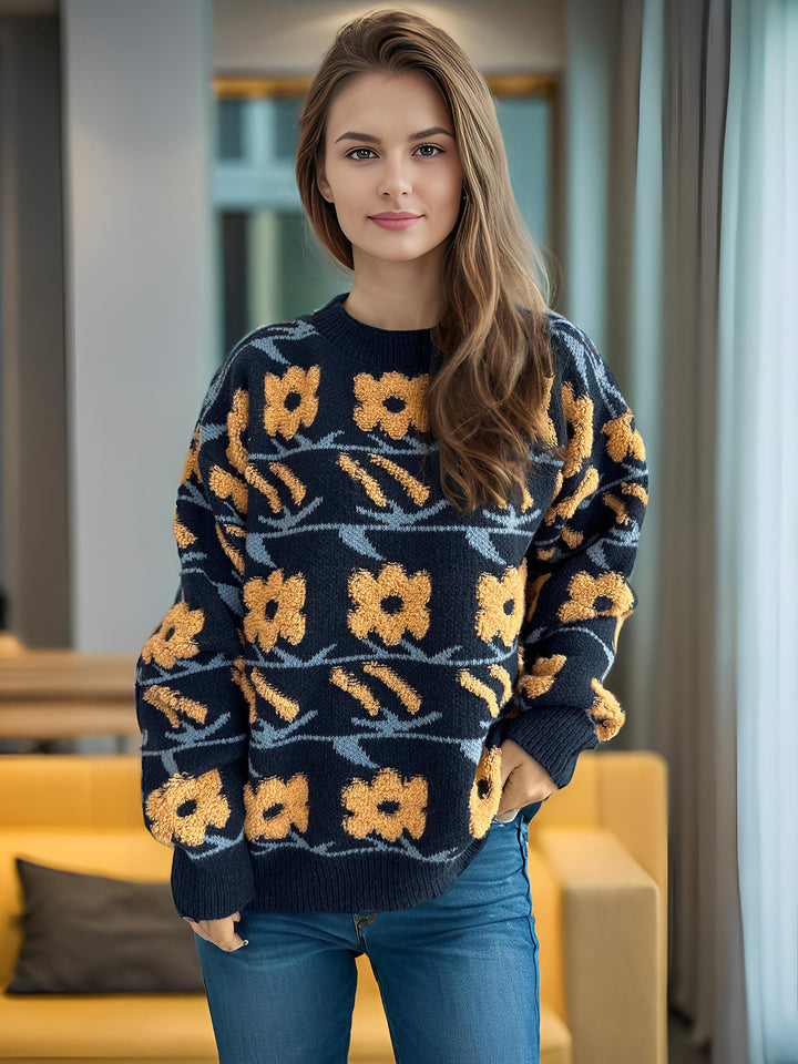 Damen kuscheliger Strickpullover mit floralen 3D-Applikationen Drune