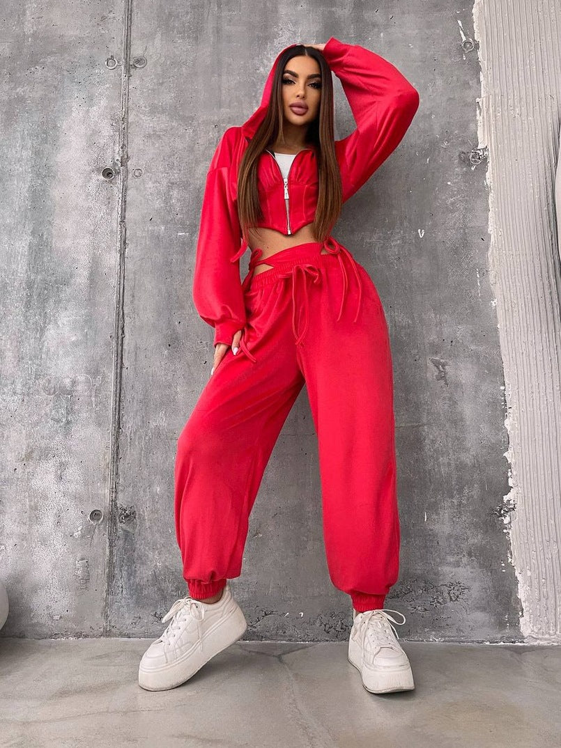 Damen Sportliches Velours-Cropped-Set mit Reißverschluss und Taillenschnitt Drune