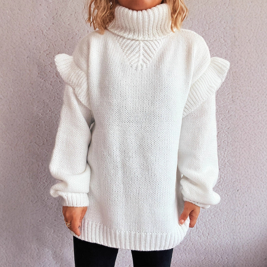 Damen kuscheliger Strickpullover mit Rüschenärmeln und hohem Kragen Drune