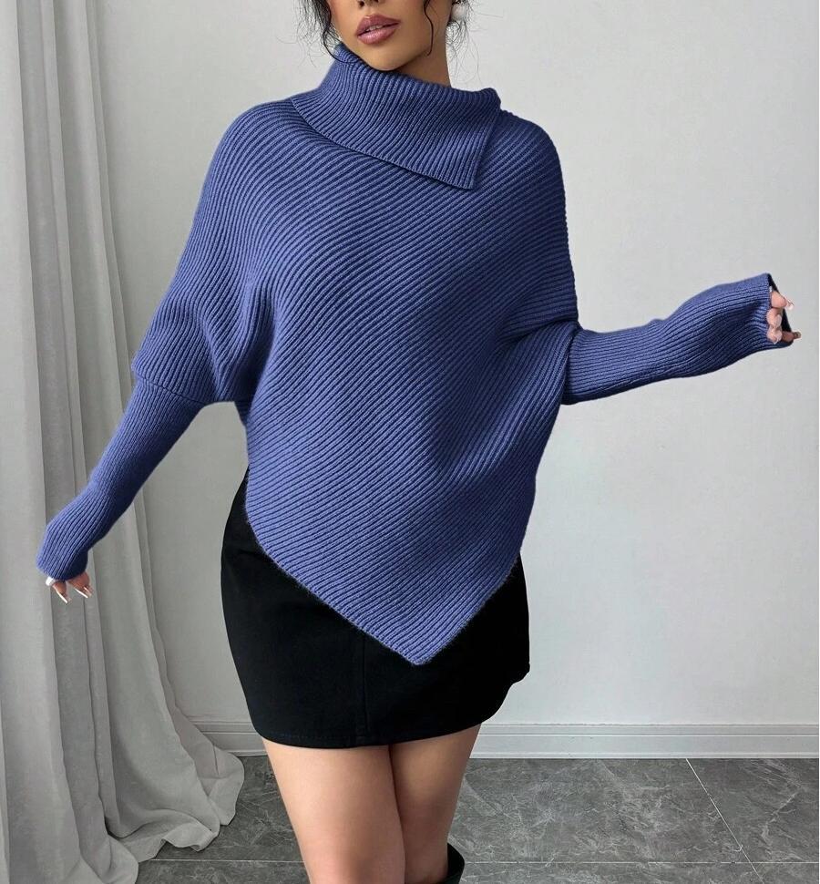 Damen Oversized Strickpullover mit asymmetrischem Saum und hohem Kragen Drune