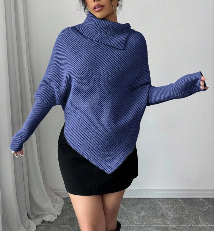 Damen Oversized Strickpullover mit asymmetrischem Saum und hohem Kragen Drune