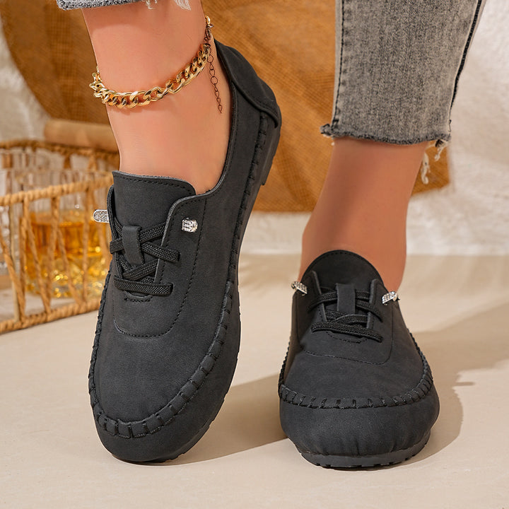 Damen nan atmungsaktive Mokassin-Slipper aus Mikrofaser mit elastischer Schnürung und rutschfester Gummisohle Drune