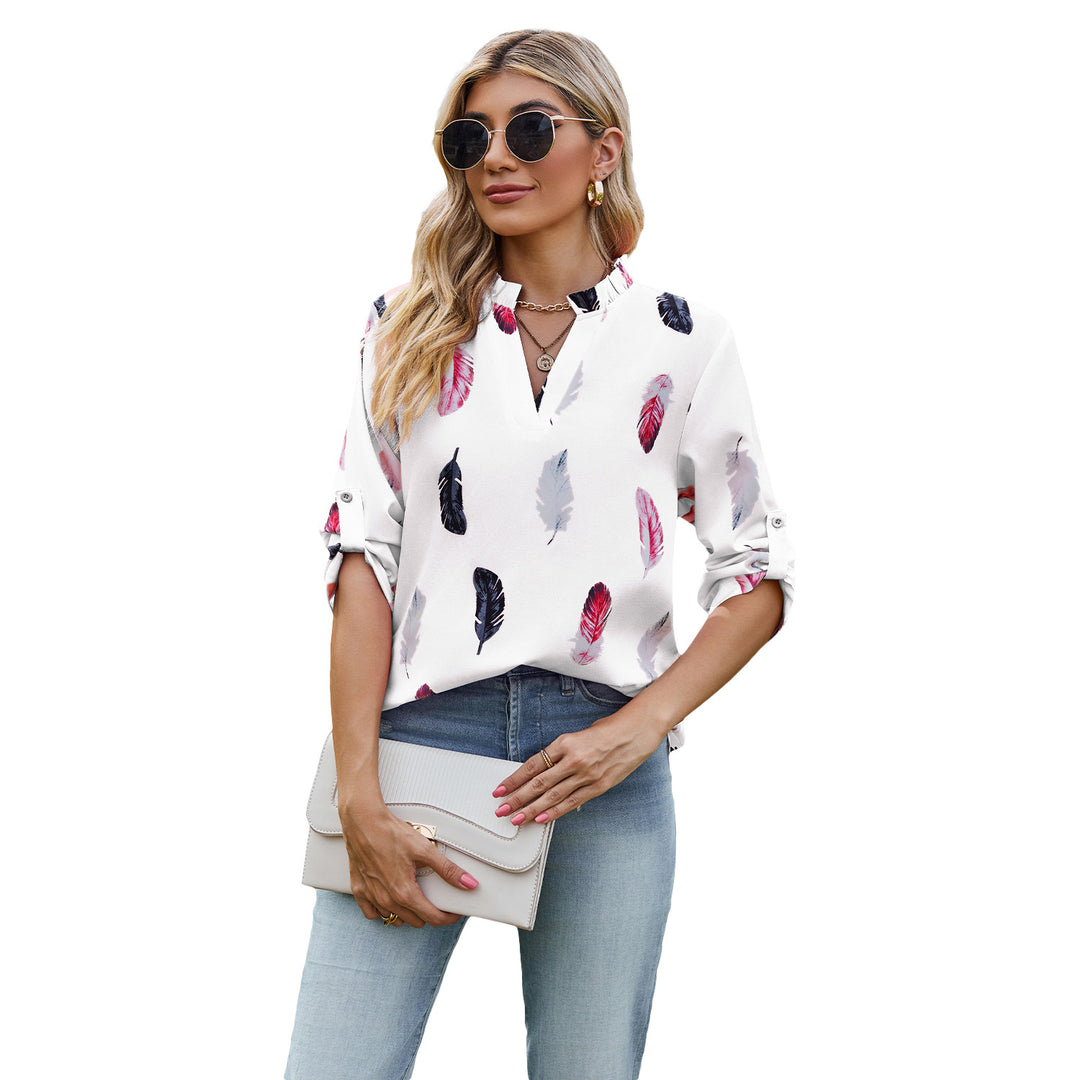 Damen Bluse mit eleganten Federmuster und halben Ärmeln Drune
