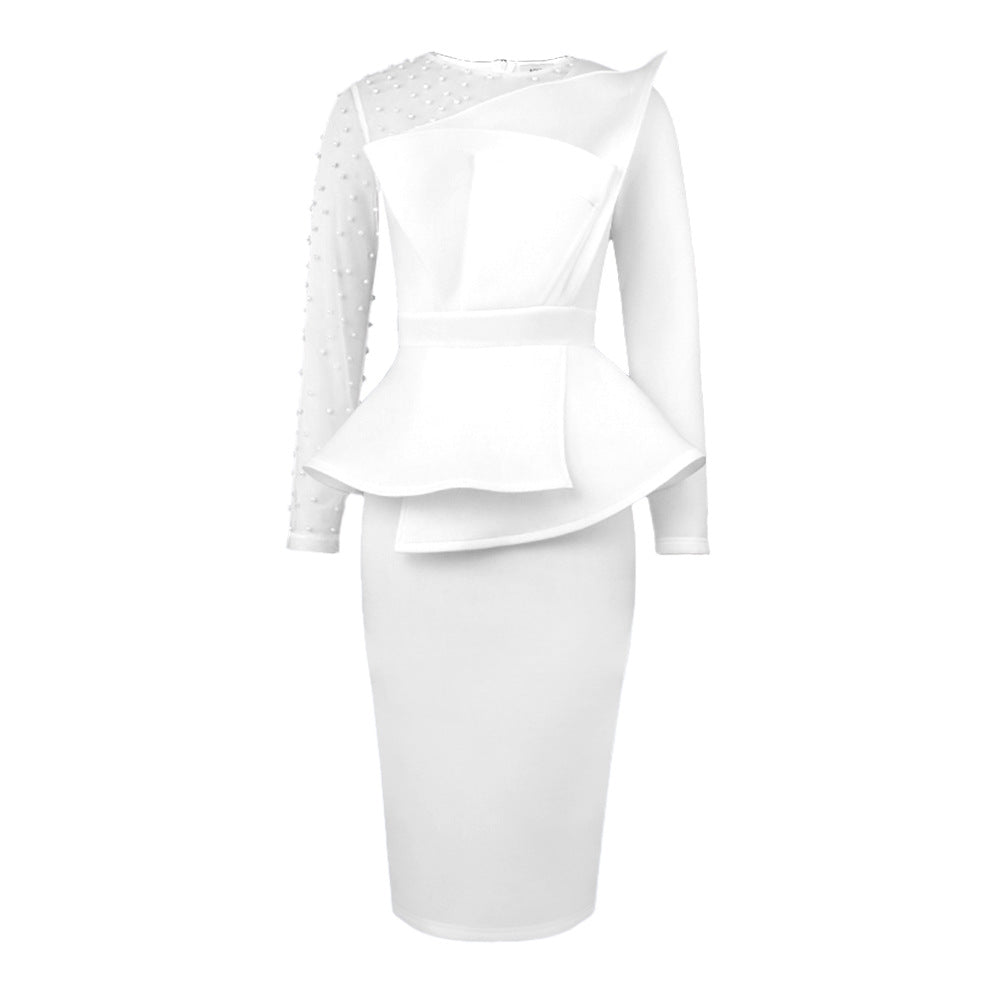 Damen Etuikleid mit transparenten Puffärmeln und dekorativem Peplum Drune