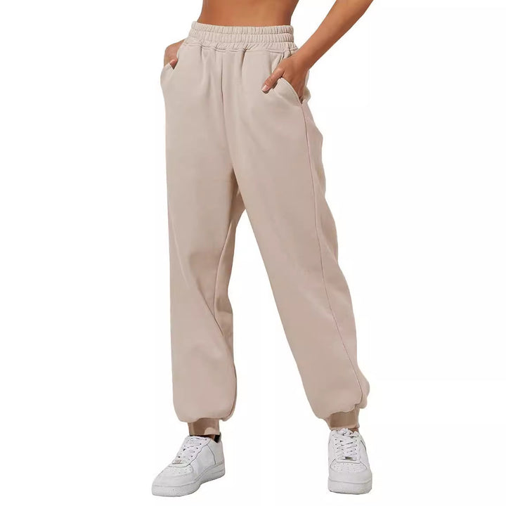 Damen nan lockere High‑Waist Jogginghose mit doppellagigem Komfortbund, seitlichen Eingrifftaschen und gerafften Knöchelbündchen Drune