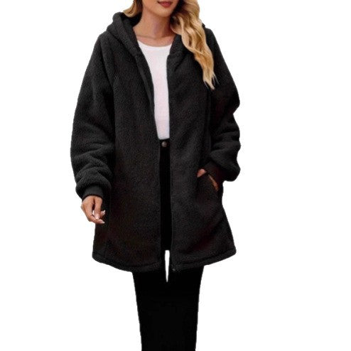 Damen Fleece-Mantel mit Taschen und Kapuze Drune