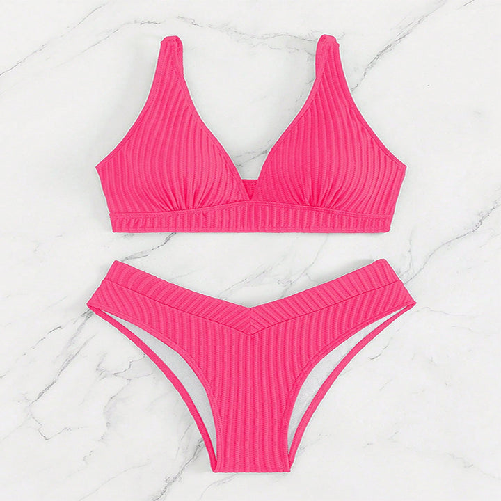 Damen Triangel-Bikini-Set mit hoch geschnittenem Slip und strukturiertem Oberteil Drune