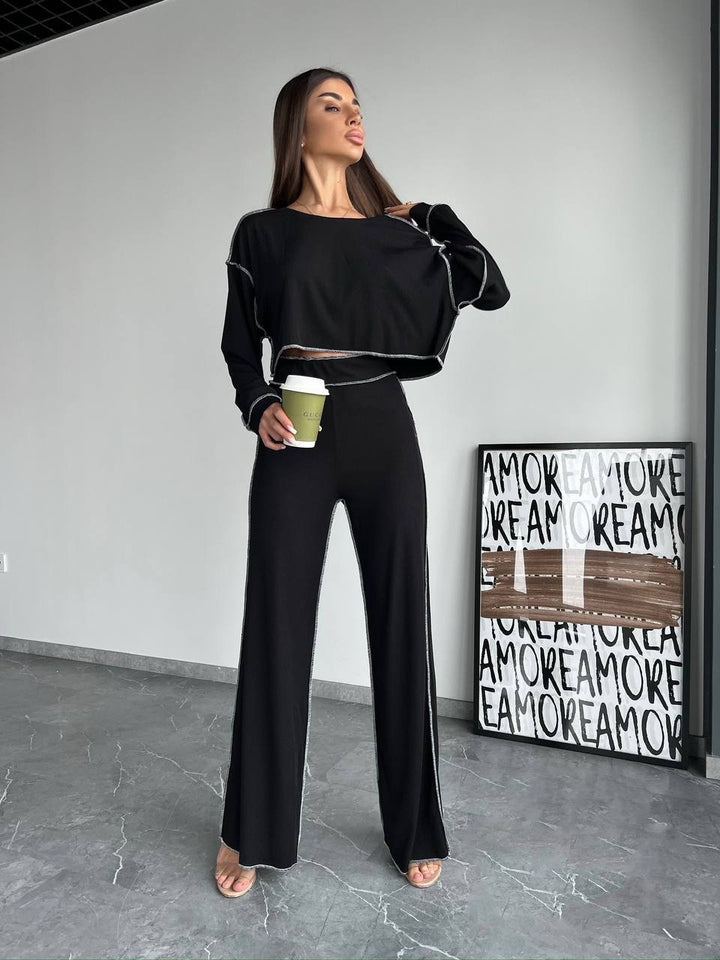 Damen lässiges Lounge-Set mit cropped Oberteil und weiter Hose Drune