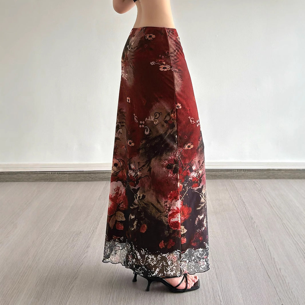 Damen Maxirock mit floralen Mustern und transparenter Spitze Drune