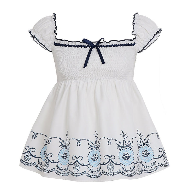 Damen Baumwollbluse mit floralem Stickdesign und schickem Rüschensaum Drune