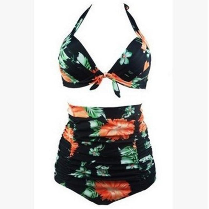 Damen Hoch tailliertes Bikini-Set mit floralem Design und Raffungen Drune