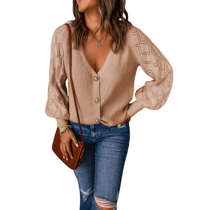 Damen Strickjacke mit V-Ausschnitt und Puffärmeln Drune