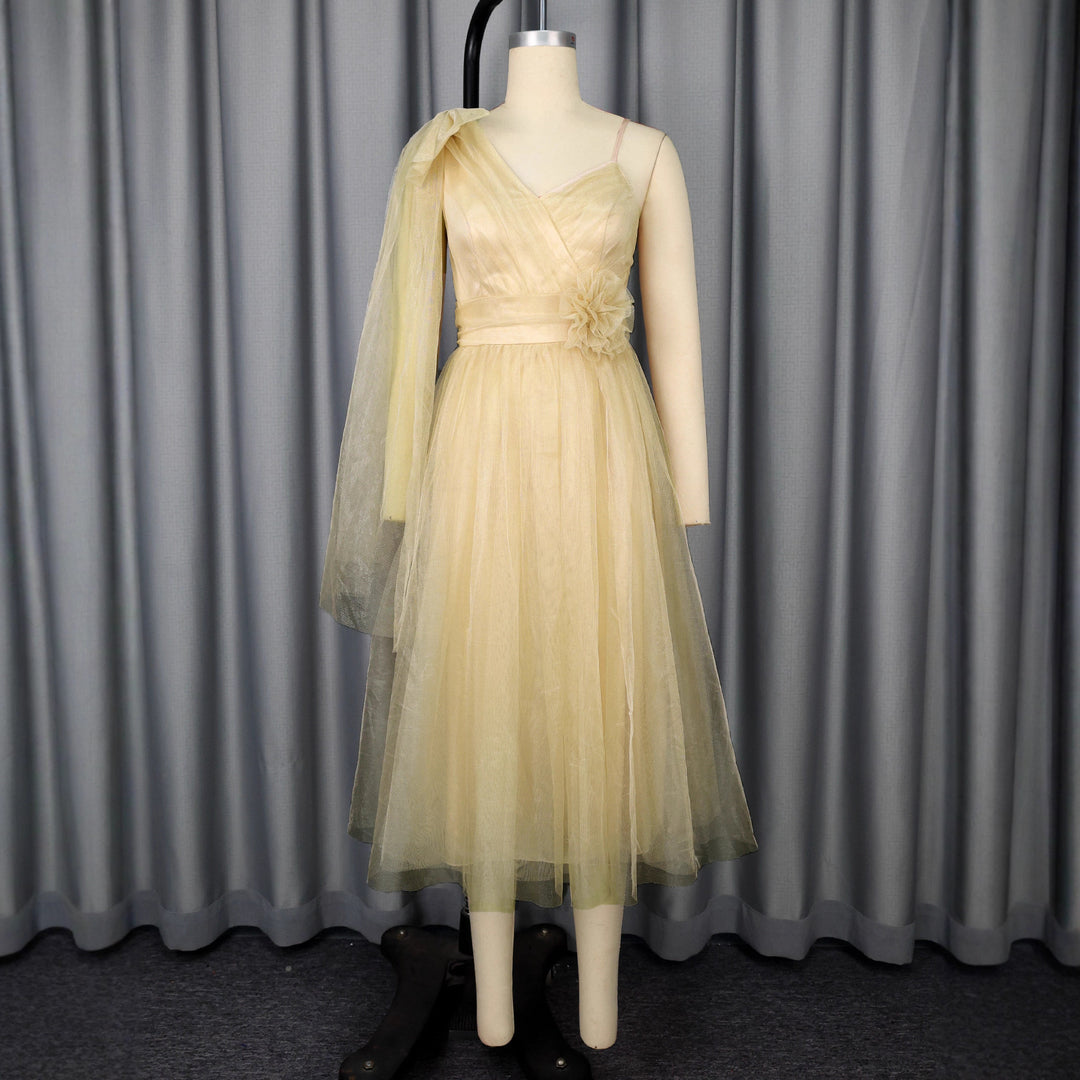 Damen festliches Midikleid mit asymmetrischem Chiffon-Overlay und floraler Applikation Drune