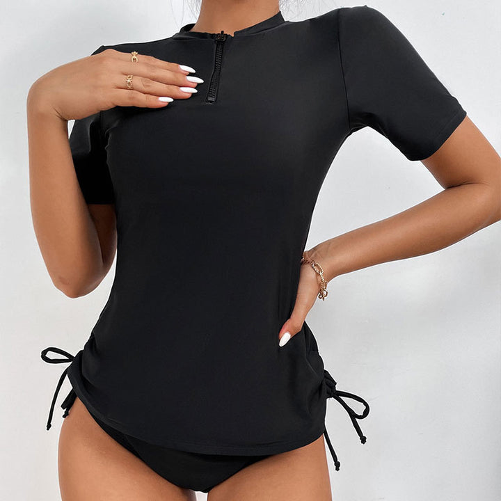 Damen Surf-Bikini-Oberteil mit kurzem Arm und hohem Kragen Drune