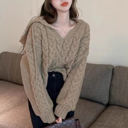 Damen Zopfmuster Pullover mit Kapuze und V-Ausschnitt Drune
