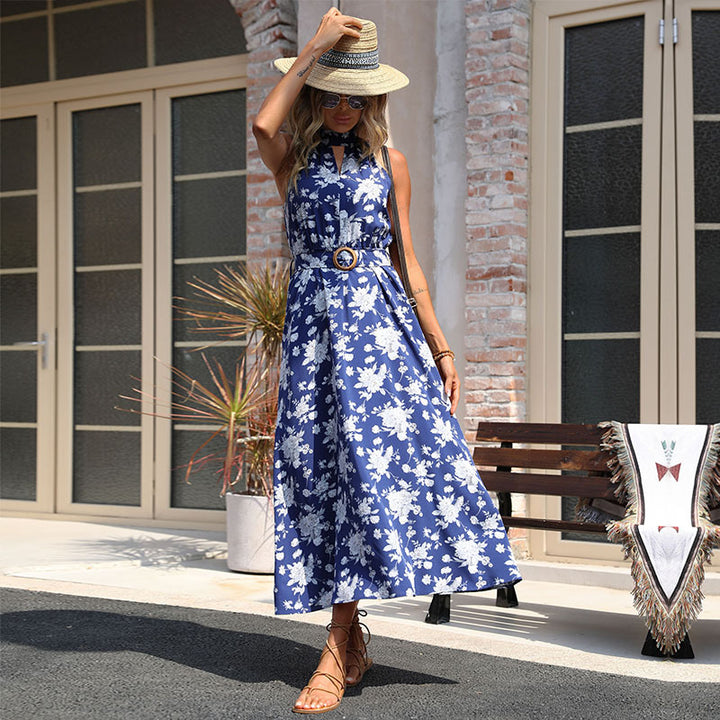 Damen Maxi-Kleid mit elegantem Blumenmuster und modischem Taillengürtel Drune