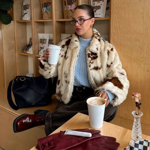 Damen Modische Kunstfelljacke mit tierischem Muster und elegantem Kragen Drune