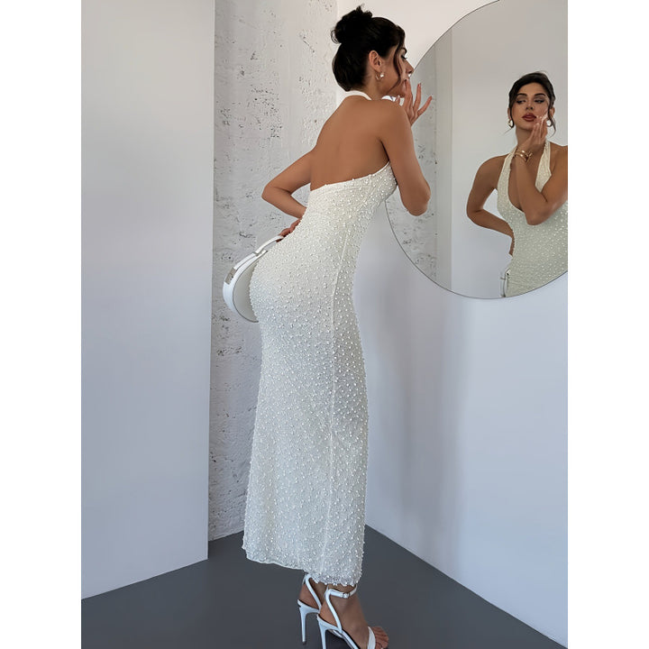 Damen Glamouröses Abendkleid mit hochgeschlossenem Design und funkelnden Perlendetails Drune