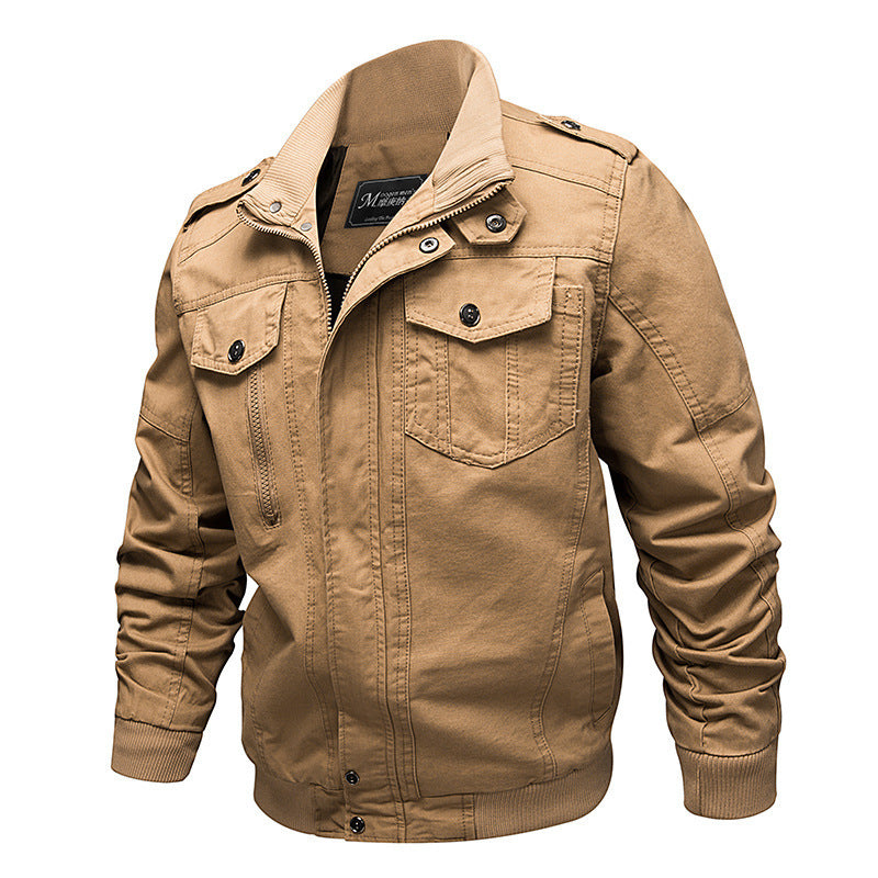 Herren nan leichter Baumwoll-Canvas Fliegerjacke mit Schulterklappen, verdecktem Reißverschluss und multifunktionalen Taschen Drune