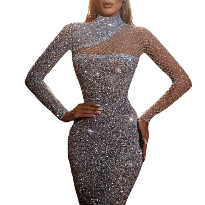 Damen Glitzerndes Abendkleid mit asymmetrischem Ausschnitt und langem Arm Drune