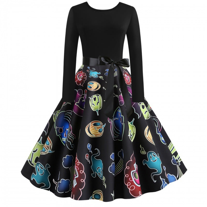 Damen Swingkleid mit verspieltem Geisterdesign und schwingendem Rock Drune