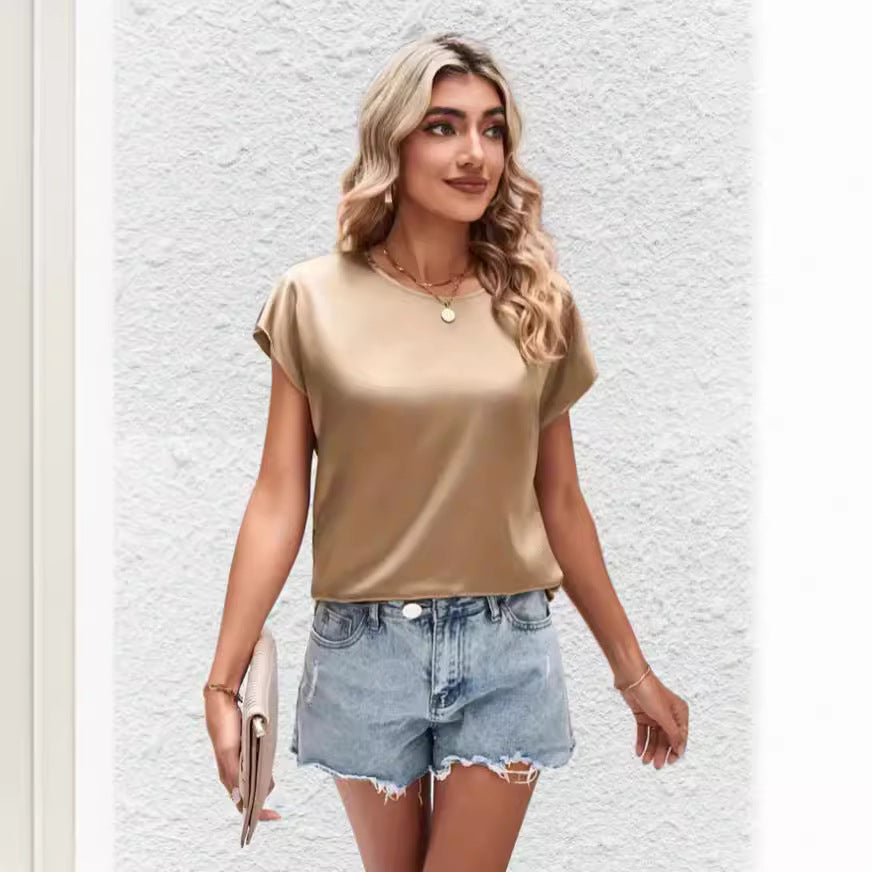 Damen Elegantes Satinoberteil mit lässigem Schnitt und kurzen Ärmeln Drune