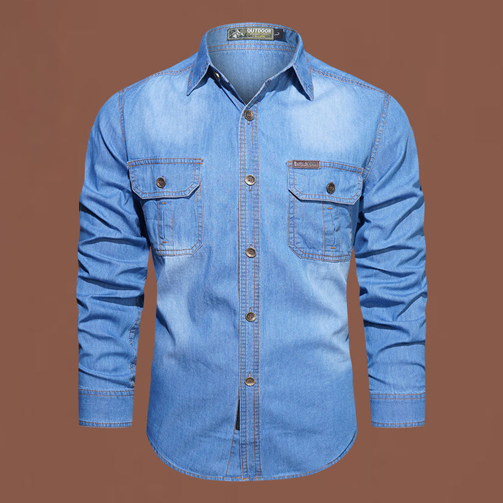 Herren  Denim Utility Button-Up-Shirt mit doppelten Klappentaschen auf der Brust Drune