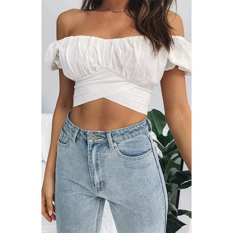 Damen Off-Shoulder Top im Charmanten Wickelstil Drune