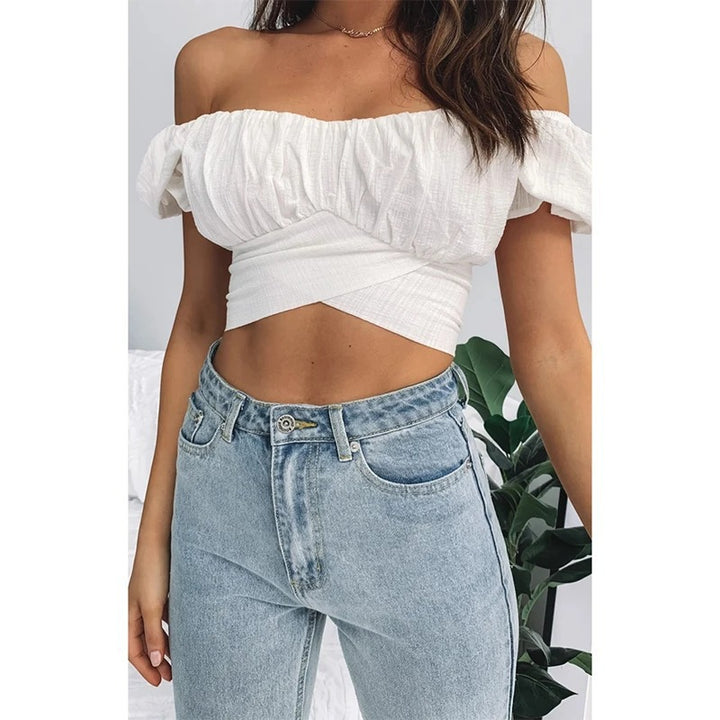 Damen Off-Shoulder Top im Charmanten Wickelstil Drune