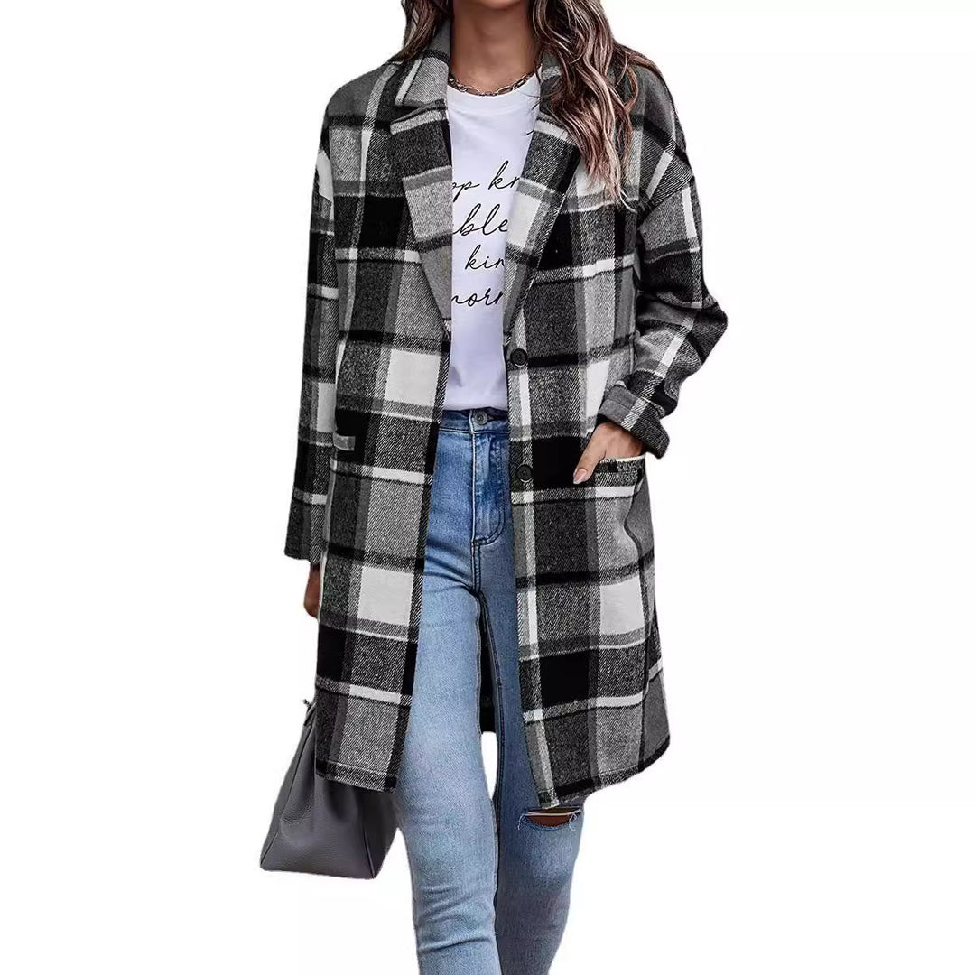 Damen Karierter Oversized-Mantel mit stilvollen Taschen und Umschlagkragen Drune