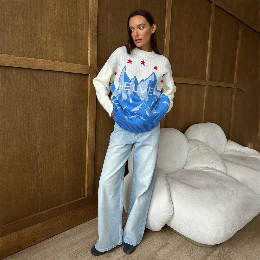 Damen Großer Strickpullover mit grafischem Bergdesign und stylischen Sternen Drune
