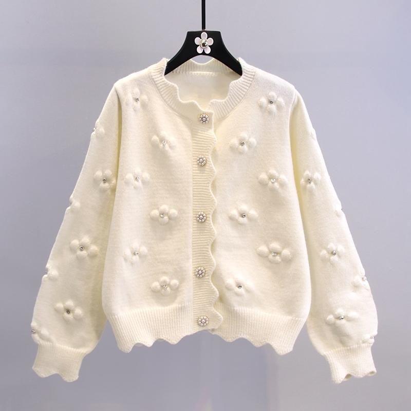 Damen kuschelige Strickjacke mit Blumenapplikationen Drune
