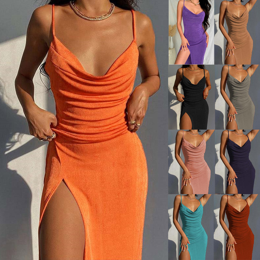 Damen Maxikleid mit tiefem Wasserfalldekolleté und hohem Schlitz Drune
