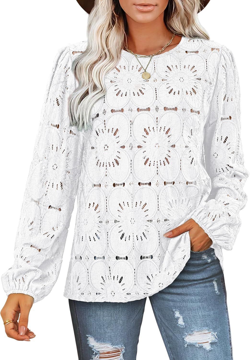 Damen Stilvolles Blusenshirt mit floralem Lochmuster und weiten Ärmeln Drune