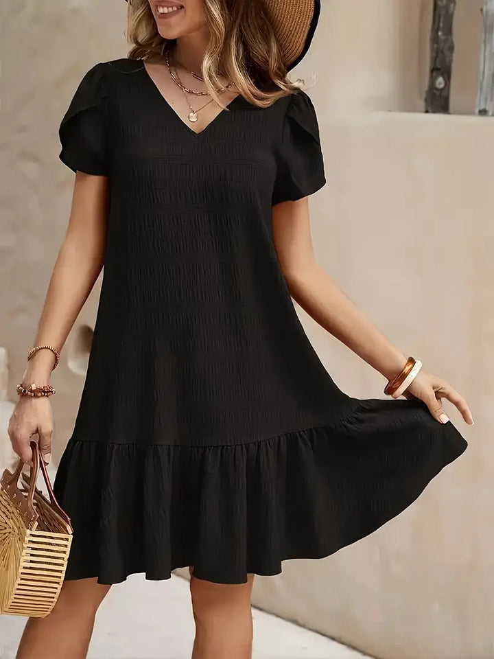 Damen V-Ausschnitt Kleid mit voluminösen Puffärmeln und Rüschensaum Drune