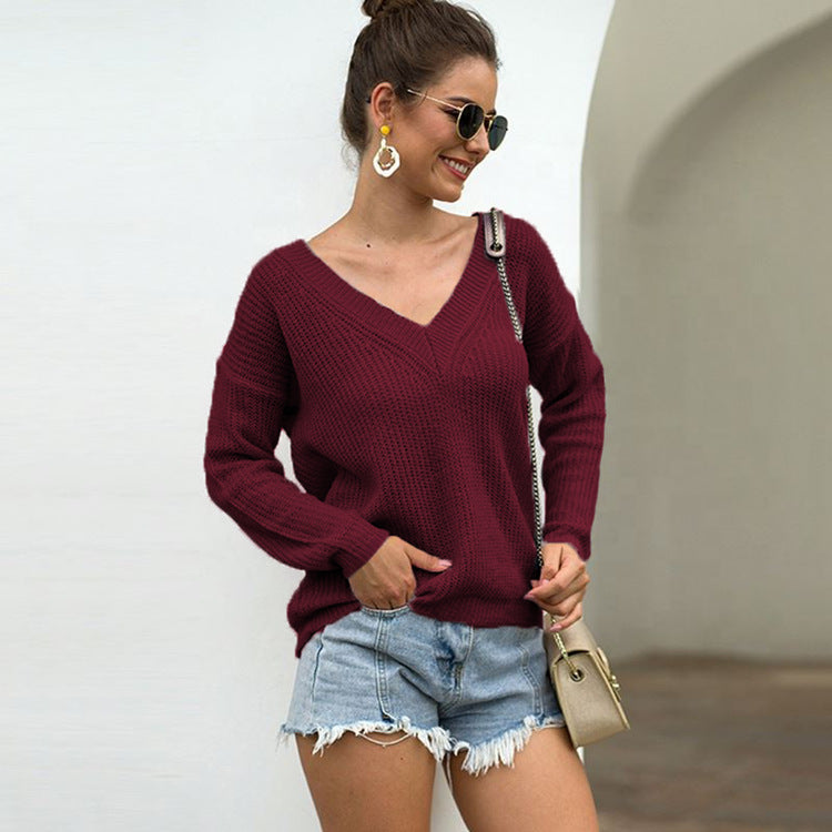Damen lässiger Strickpullover mit V-Ausschnitt und strukturiertem Muster Drune
