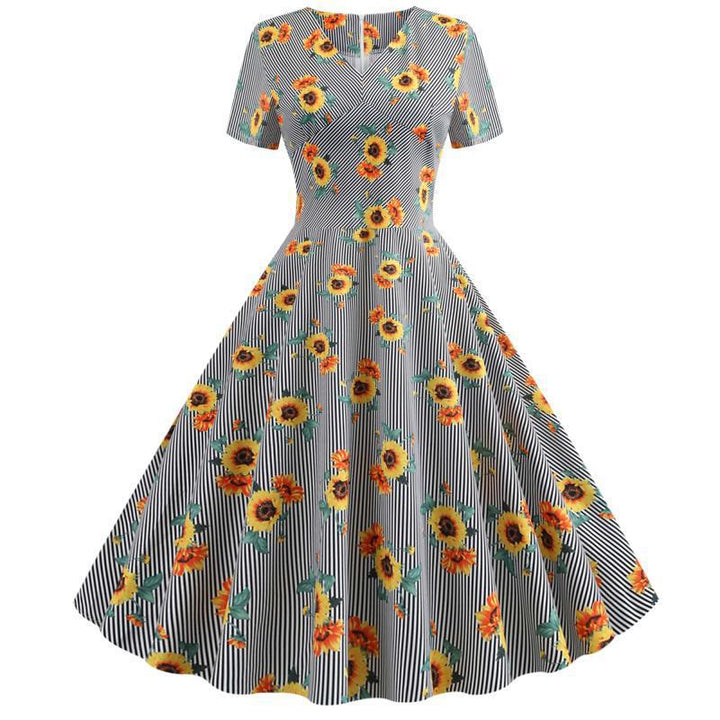 Damen Retro Swingkleid mit floralem Sonnenblumenmuster und tailliertem Schnitt Drune