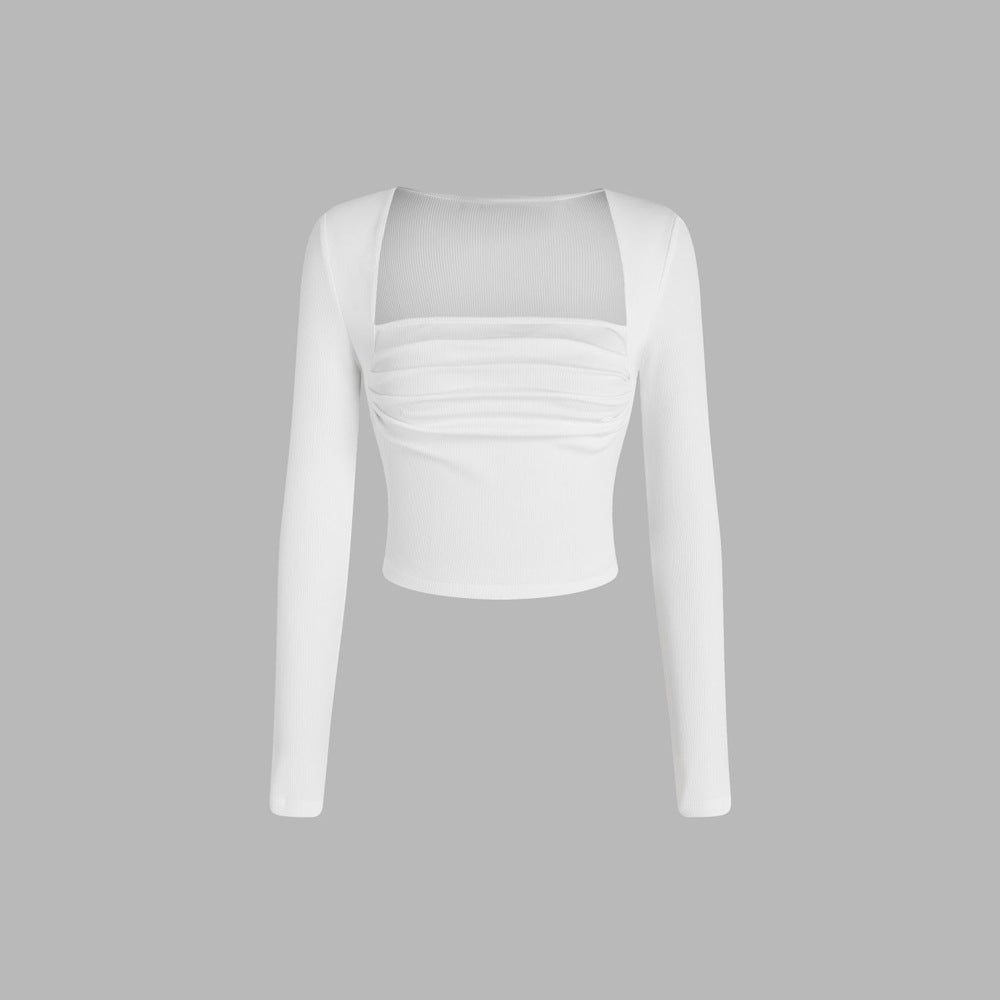 Damen cropped Langarmshirt mit raffiniertem Drapierungsdesign und modischem Rundhalsausschnitt Drune