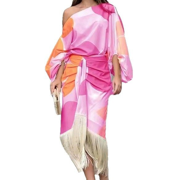 Damen nan schulterfreies drapiertes Midikleid mit geraffter Wickel-Taille und Fransensaum Drune