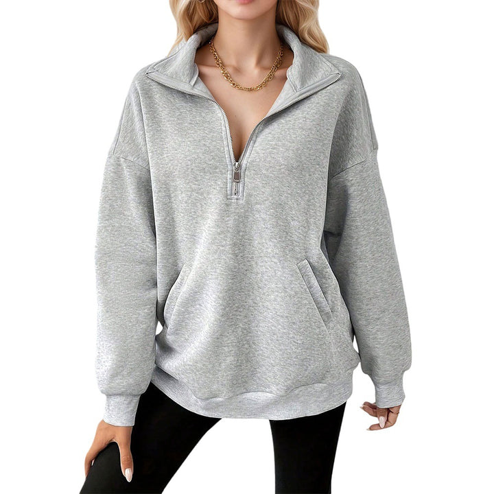 Damen lässiger Sweatpullover mit halbem Reißverschluss und praktischen Taschen Drune
