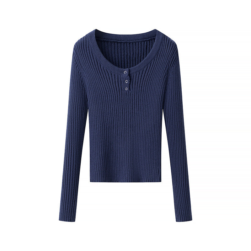 Damen Langärmliges Ripp-T-Shirt mit Knopfleiste Drune