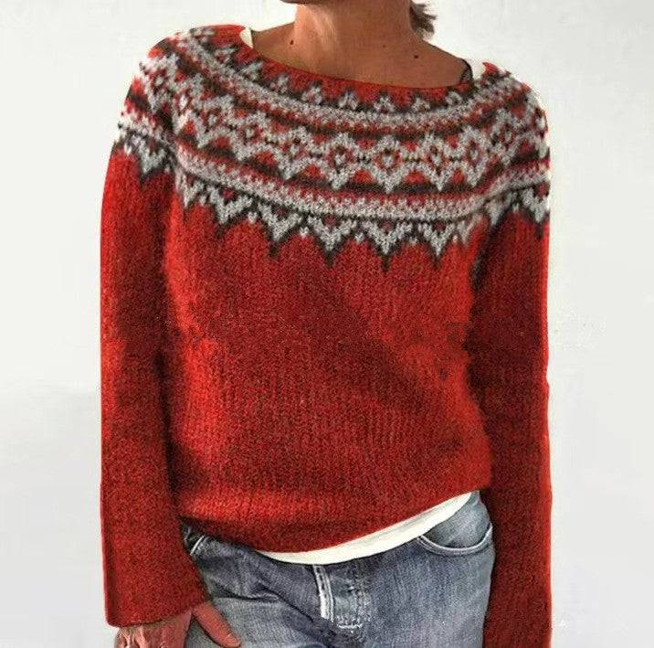 Damen nan melierter Rundhalsausschnittpullover mit kreisförmigem Jacquard-Yoke und geripptem Saum Drune
