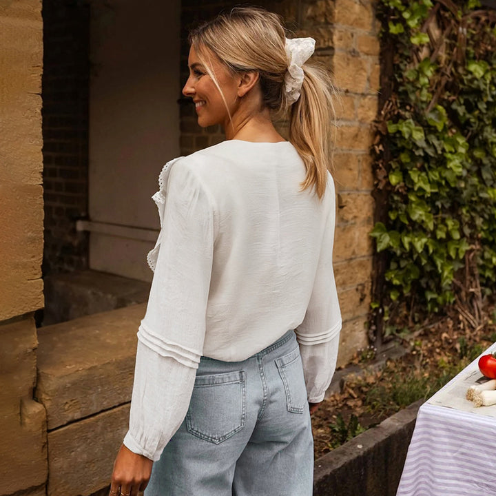Damen Bluse mit Rüschendetails und elegantem V-Ausschnitt Drune