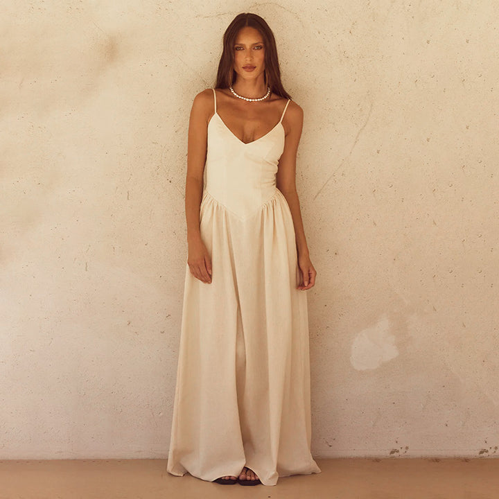 Damen elegantes Maxikleid mit feinen Spaghettiträgern und fließendem Rock Drune