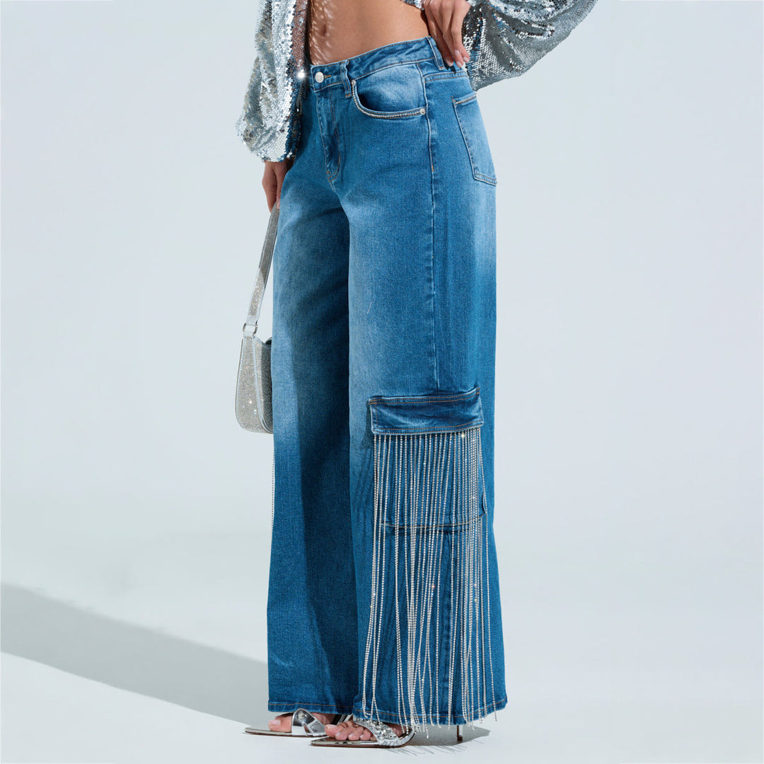 Damen Cargo-Jeans mit Glitzerfransen und tiefen Seitentaschen Drune