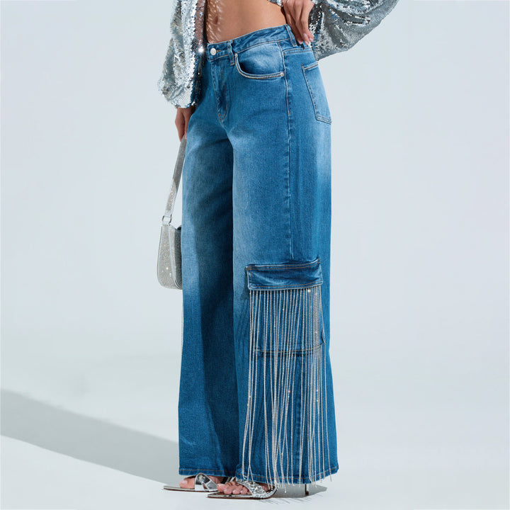 Damen Cargo-Jeans mit Glitzerfransen und tiefen Seitentaschen Drune