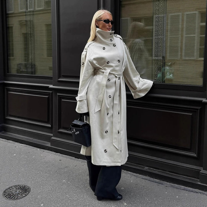 Damen eleganter Mantel mit hohem Kragen und taillierbarem Gürtel Drune