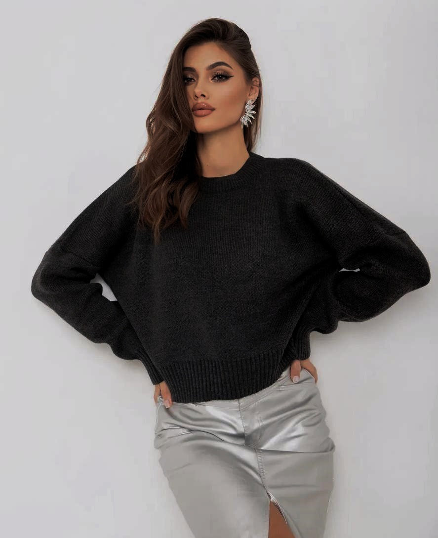 Damen cropped Strickpullover mit voluminösen Ärmeln und Rundhalsausschnitt Drune
