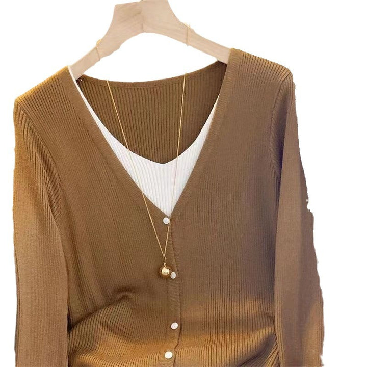 Damen elegante Strickjacke mit V-Ausschnitt und feinen Knopfdetails Drune